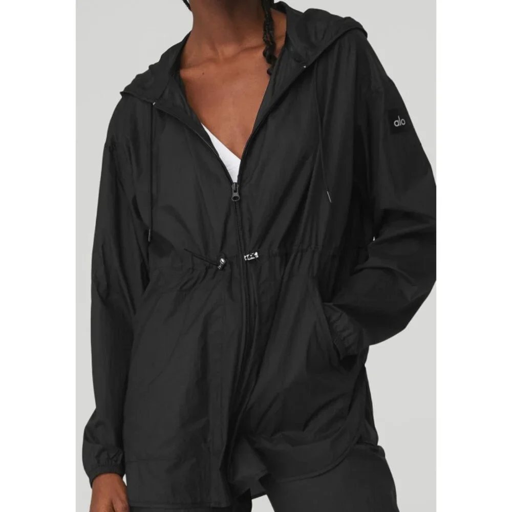 NEW Alo Cloud Nine Jacket Black Lightweight Hooded Hood Long Hoodie Windbreaker - Picture 1 of 10